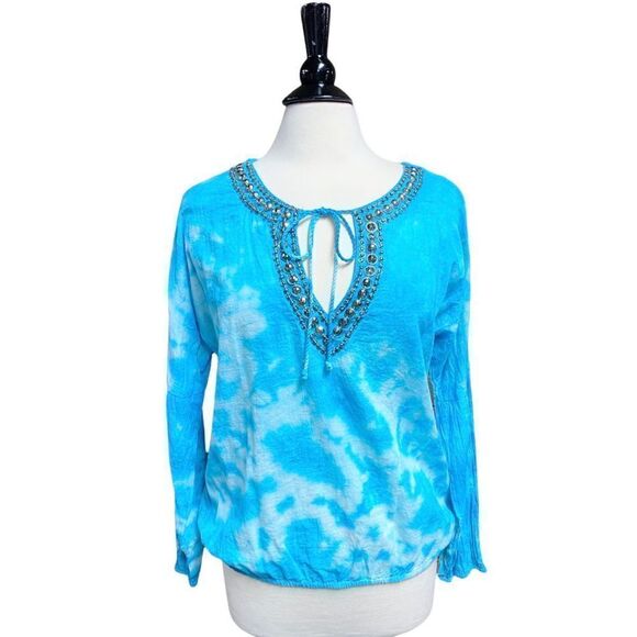 Michael Michael Kors Blue Tie Dye Jeweled Long Sleeve Top Size Medium - Picture 1 of 6